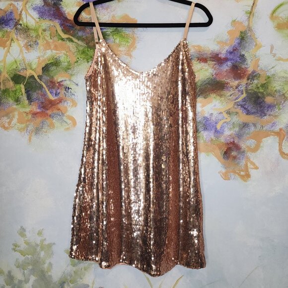 NWOT Rose Gold Spaghetti Strap Sequin Swing Dress - Picture 1 of 4